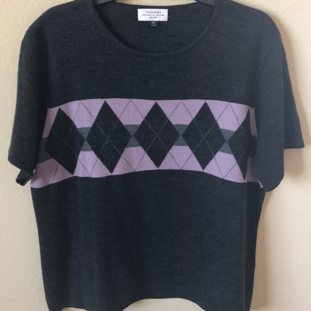 Tahari Black and Lavender Wool Blend Argyle Sweater - Size 16 Petite